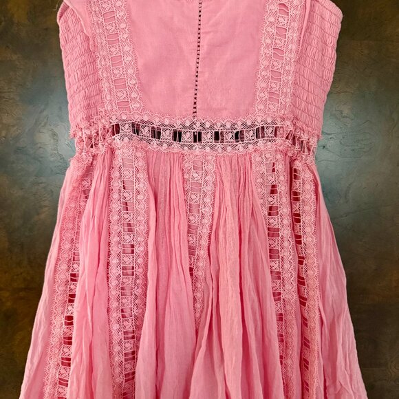 Free People Verona Lace Crochet, Cotton Mini Dress - Pink - Size Small - Picture 6 of 13
